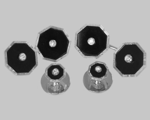 art deco diamond onyx cufflinks studs antique 1920s 9ct white gold dress set collar studs - CATEGORY: ANTIQUE JEWELLERY - DATED 1920