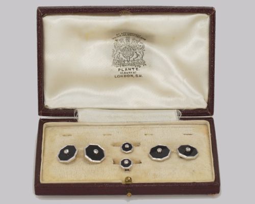 ART DECO DIAMOND ONYX CUFFLINKS STUDS ANTIQUE 1920S 9CT WHITE GOLD DRESS SET COLLAR STUDS - ADDITIONAL PHOTO 1
