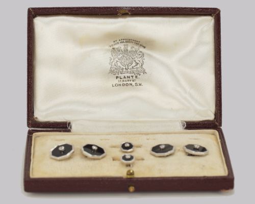 ART DECO DIAMOND ONYX CUFFLINKS STUDS ANTIQUE 1920S 9CT WHITE GOLD DRESS SET COLLAR STUDS - ADDITIONAL PHOTO 2