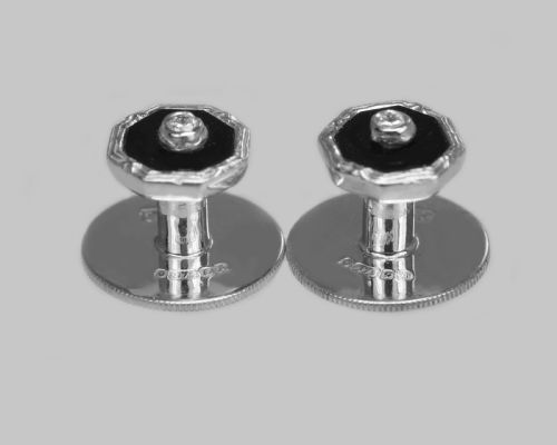 ART DECO DIAMOND ONYX CUFFLINKS STUDS ANTIQUE 1920S 9CT WHITE GOLD DRESS SET COLLAR STUDS - ADDITIONAL PHOTO 5