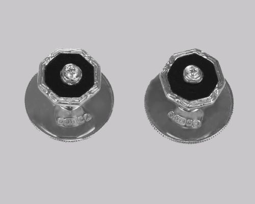 ART DECO DIAMOND ONYX CUFFLINKS STUDS ANTIQUE 1920S 9CT WHITE GOLD DRESS SET COLLAR STUDS - ADDITIONAL PHOTO 6