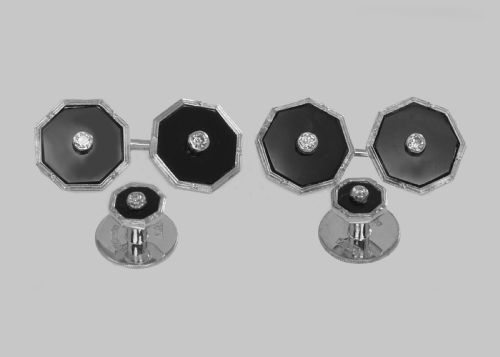 ART DECO DIAMOND ONYX CUFFLINKS STUDS ANTIQUE 1920S 9CT WHITE GOLD DRESS SET COLLAR STUDS - ADDITIONAL PHOTO 7