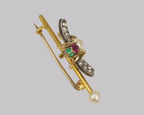 VICTORIAN BEE BROOCH ANTIQUE 18CT GOLD RUBY PEARL EMERALD ROSE CUT DIAMOND INSECT BROOCH - ADDITIONAL PHOTO 5