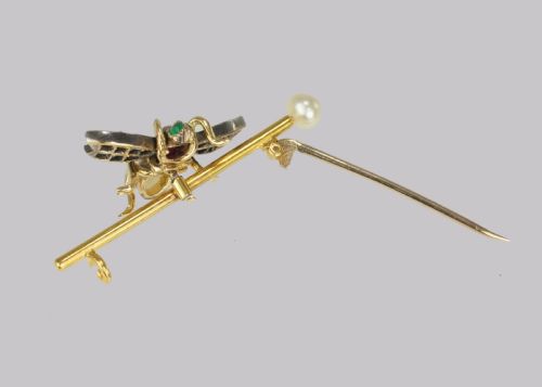 VICTORIAN BEE BROOCH ANTIQUE 18CT GOLD RUBY PEARL EMERALD ROSE CUT DIAMOND INSECT BROOCH - ADDITIONAL PHOTO 6