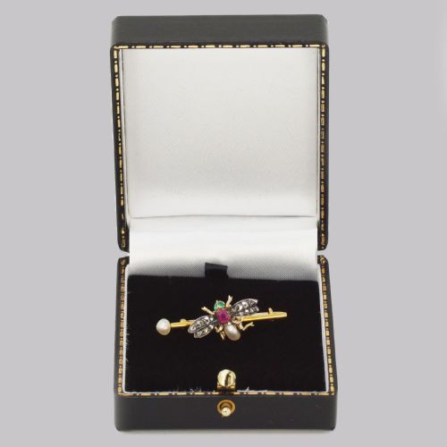 VICTORIAN BEE BROOCH ANTIQUE 18CT GOLD RUBY PEARL EMERALD ROSE CUT DIAMOND INSECT BROOCH - ADDITIONAL PHOTO 7