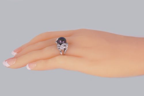 TAHITIAN PEARL DIAMOND RING 18CT GOLD 1960'S BLACK PEARL COCKTAIL RING - ADDITIONAL PHOTO 1