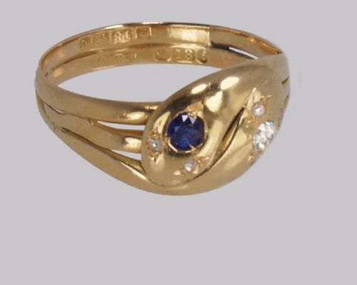 EDWARDIAN DIAMOND SAPPHIRE SNAKE RING HALLMARKED LONDON 1902 18CT GOLD ANTIQUE SERPENT RING - ADDITIONAL PHOTO 4