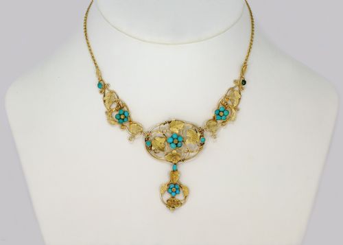 VICTORIAN 15CT GOLD TURQUOISE NECKLACE ANTIQUE FLORAL SCROLL NECKLACE CIRCA 1860 - ADDITIONAL PHOTO 1
