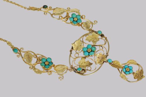 VICTORIAN 15CT GOLD TURQUOISE NECKLACE ANTIQUE FLORAL SCROLL NECKLACE CIRCA 1860 - ADDITIONAL PHOTO 3