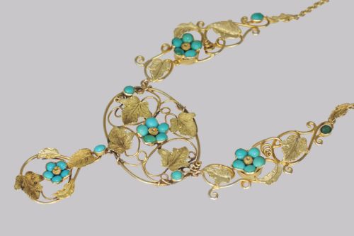 VICTORIAN 15CT GOLD TURQUOISE NECKLACE ANTIQUE FLORAL SCROLL NECKLACE CIRCA 1860 - ADDITIONAL PHOTO 4