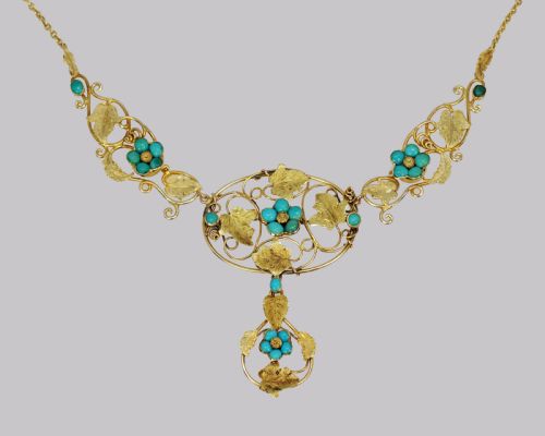 VICTORIAN 15CT GOLD TURQUOISE NECKLACE ANTIQUE FLORAL SCROLL NECKLACE CIRCA 1860 - ADDITIONAL PHOTO 5