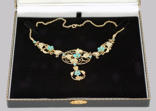 VICTORIAN 15CT GOLD TURQUOISE NECKLACE ANTIQUE FLORAL SCROLL NECKLACE CIRCA 1860 - ADDITIONAL PHOTO 7