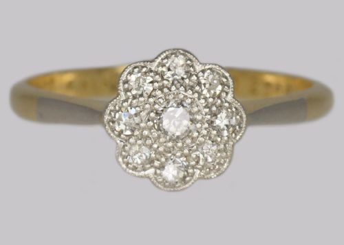 antique 18ct gold diamond cluster ring vintage edwardian platinum daisy ring - CATEGORY: ANTIQUE JEWELLERY - DATED EDWARDIAN