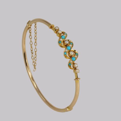 VICTORIAN TURQUOISE PEARL BANGLE ANTIQUE 15CT GOLD BRACELET WITH ORIGINAL BOX CIRCA 1900 - ADDITIONAL PHOTO 2