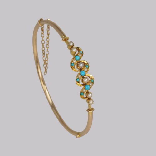 VICTORIAN TURQUOISE PEARL BANGLE ANTIQUE 15CT GOLD BRACELET WITH ORIGINAL BOX CIRCA 1900 - ADDITIONAL PHOTO 8