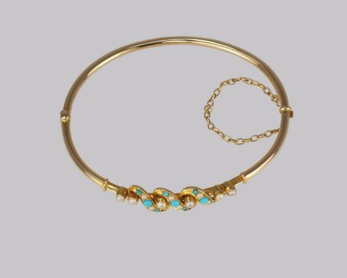 VICTORIAN TURQUOISE PEARL BANGLE ANTIQUE 15CT GOLD BRACELET WITH ORIGINAL BOX CIRCA 1900 - ADDITIONAL PHOTO 9