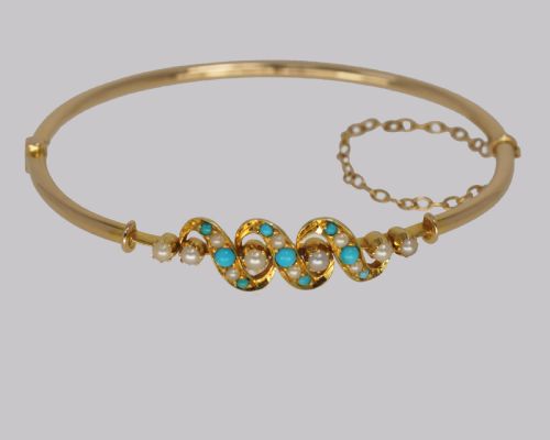 VICTORIAN TURQUOISE PEARL BANGLE ANTIQUE 15CT GOLD BRACELET WITH ORIGINAL BOX CIRCA 1900 - ADDITIONAL PHOTO 10