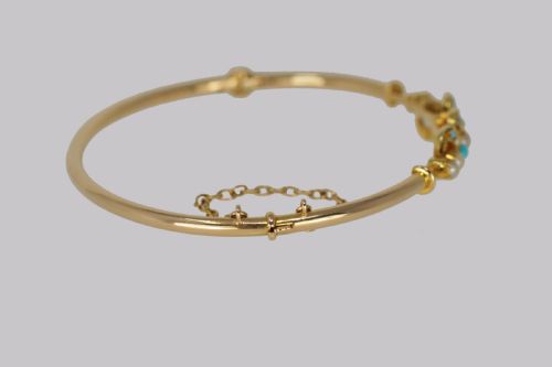 VICTORIAN TURQUOISE PEARL BANGLE ANTIQUE 15CT GOLD BRACELET WITH ORIGINAL BOX CIRCA 1900 - ADDITIONAL PHOTO 11