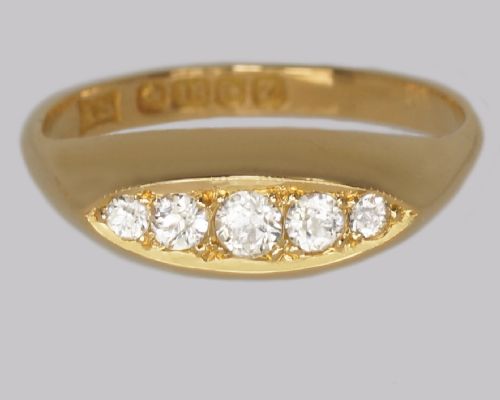 victorian old cut diamond 18ct gold 5 stone antique boat ring hallmarked birmingham 1899 - CATEGORY: ANTIQUE JEWELLERY - DATED VICTORIAN