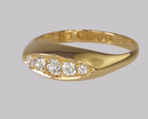 VICTORIAN OLD CUT DIAMOND 18CT GOLD 5 STONE ANTIQUE BOAT RING HALLMARKED BIRMINGHAM 1899 - ADDITIONAL PHOTO 2