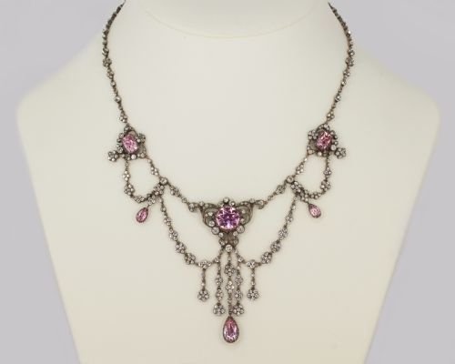 Antique Festoon Georgian Necklace Pink & Clear Paste Silver Swag Necklace Circa 1800