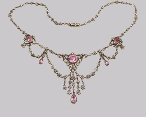 fig 1. Antique Festoon Georgian Necklace Pink & Clear Paste Silver Swag Necklace circa 1800