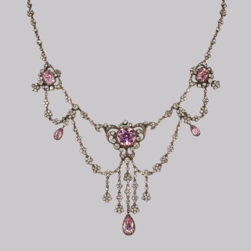 fig 2. Antique Festoon Georgian Necklace Pink & Clear Paste Silver Swag Necklace circa 1800