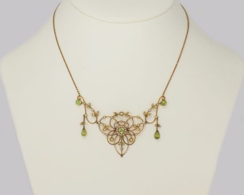 fig 1. Antique Peridot & Seed Pearl Necklace Edwardian 9ct Gold Floral Scroll Necklace
