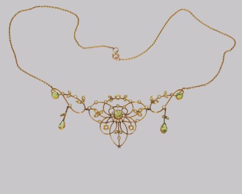 fig 2. Antique Peridot & Seed Pearl Necklace Edwardian 9ct Gold Floral Scroll Necklace