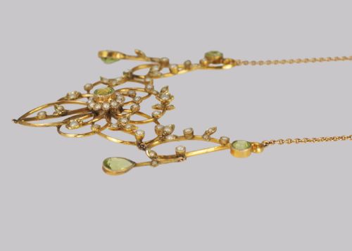 fig 3. Antique Peridot & Seed Pearl Necklace Edwardian 9ct Gold Floral Scroll Necklace