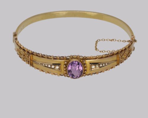 ANTIQUE AMETHYST PEARL BANGLE ETRUSCAN REVIVAL 9CT GOLD BRACELET HALLMARKED CHESTER 1913 - ADDITIONAL PHOTO 1