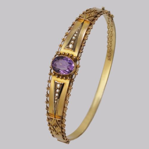 ANTIQUE AMETHYST PEARL BANGLE ETRUSCAN REVIVAL 9CT GOLD BRACELET HALLMARKED CHESTER 1913 - ADDITIONAL PHOTO 7