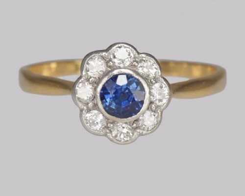antique sapphire diamond cluster ring vintage 18ct gold edwardian daisy ring - CATEGORY: ANTIQUE JEWELLERY - DATED EDWARDIAN