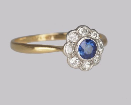 ANTIQUE SAPPHIRE DIAMOND CLUSTER RING VINTAGE 18CT GOLD EDWARDIAN DAISY RING - ADDITIONAL PHOTO 2
