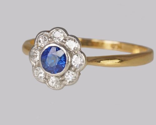 ANTIQUE SAPPHIRE DIAMOND CLUSTER RING VINTAGE 18CT GOLD EDWARDIAN DAISY RING - ADDITIONAL PHOTO 3