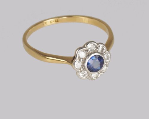 ANTIQUE SAPPHIRE DIAMOND CLUSTER RING VINTAGE 18CT GOLD EDWARDIAN DAISY RING - ADDITIONAL PHOTO 4