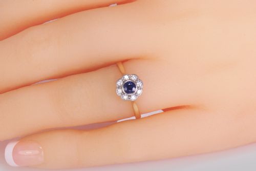 ANTIQUE SAPPHIRE DIAMOND CLUSTER RING VINTAGE 18CT GOLD EDWARDIAN DAISY RING - ADDITIONAL PHOTO 7