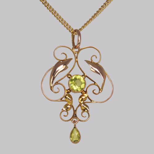 art nouveau peridot pendant antique 9ct gold pendant chain edwardian necklace - CATEGORY: ANTIQUE JEWELLERY - DATED EDWARDIAN