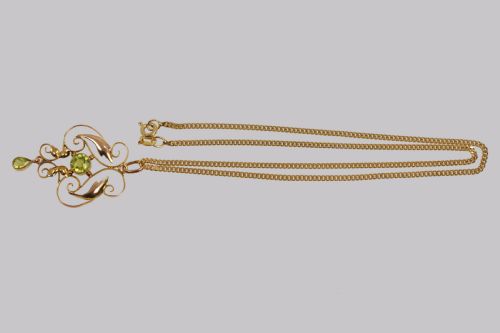 ART NOUVEAU PERIDOT PENDANT ANTIQUE 9CT GOLD PENDANT CHAIN EDWARDIAN NECKLACE - ADDITIONAL PHOTO 2