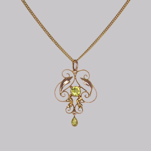 ART NOUVEAU PERIDOT PENDANT ANTIQUE 9CT GOLD PENDANT CHAIN EDWARDIAN NECKLACE - ADDITIONAL PHOTO 3