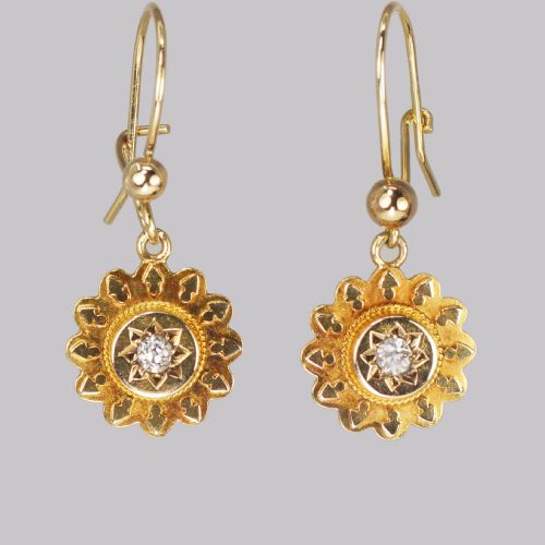 antique 15ct gold diamond victorian drop hook etruscan revival earrings circa 18701890 - CATEGORY: ANTIQUE JEWELLERY - DATED VICTORIAN