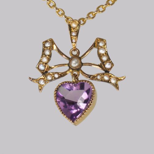 ANTIQUE SEED PEARL AMETHYST PENDANT 15CT GOLD VICTORIAN EDWARDIAN NECKLACE - ADDITIONAL PHOTO 1