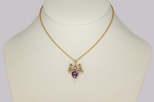 ANTIQUE SEED PEARL AMETHYST PENDANT 15CT GOLD VICTORIAN EDWARDIAN NECKLACE - ADDITIONAL PHOTO 2