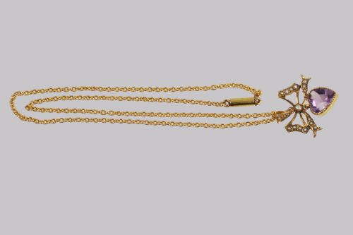 ANTIQUE SEED PEARL AMETHYST PENDANT 15CT GOLD VICTORIAN EDWARDIAN NECKLACE - ADDITIONAL PHOTO 3
