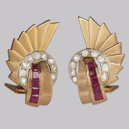 Art Deco 18ct Gold Ruby & Diamond Earrings 1920s Fan Clip on Antique Earrings