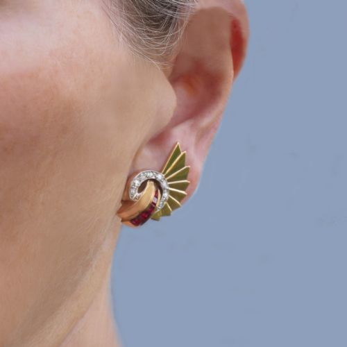 fig 1. Art Deco 18ct Gold Ruby & Diamond Earrings 1920s Fan Clip On Antique Earrings