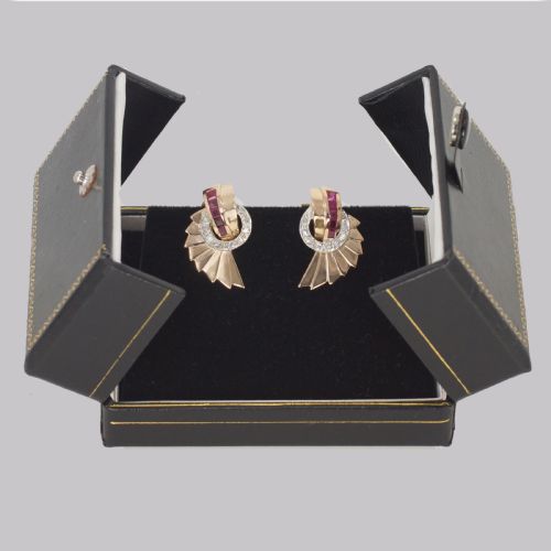 fig 4. Art Deco 18ct Gold Ruby & Diamond Earrings 1920s Fan Clip On Antique Earrings