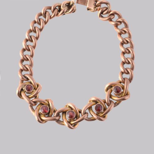 victorian garnet knot curb link 9ct gold bracelet with antique box circa 1890 - CATEGORY: ANTIQUE JEWELLERY - DATED VICTORIAN