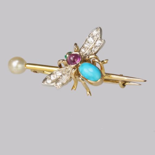 antique turquoise rose cut diamond ruby emerald pearl 18ct gold victorian insect brooch - CATEGORY: ANTIQUE JEWELLERY - DATED VICTORIAN