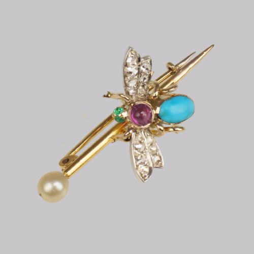 ANTIQUE TURQUOISE ROSE CUT DIAMOND RUBY EMERALD PEARL 18CT GOLD VICTORIAN INSECT BROOCH - ADDITIONAL PHOTO 1